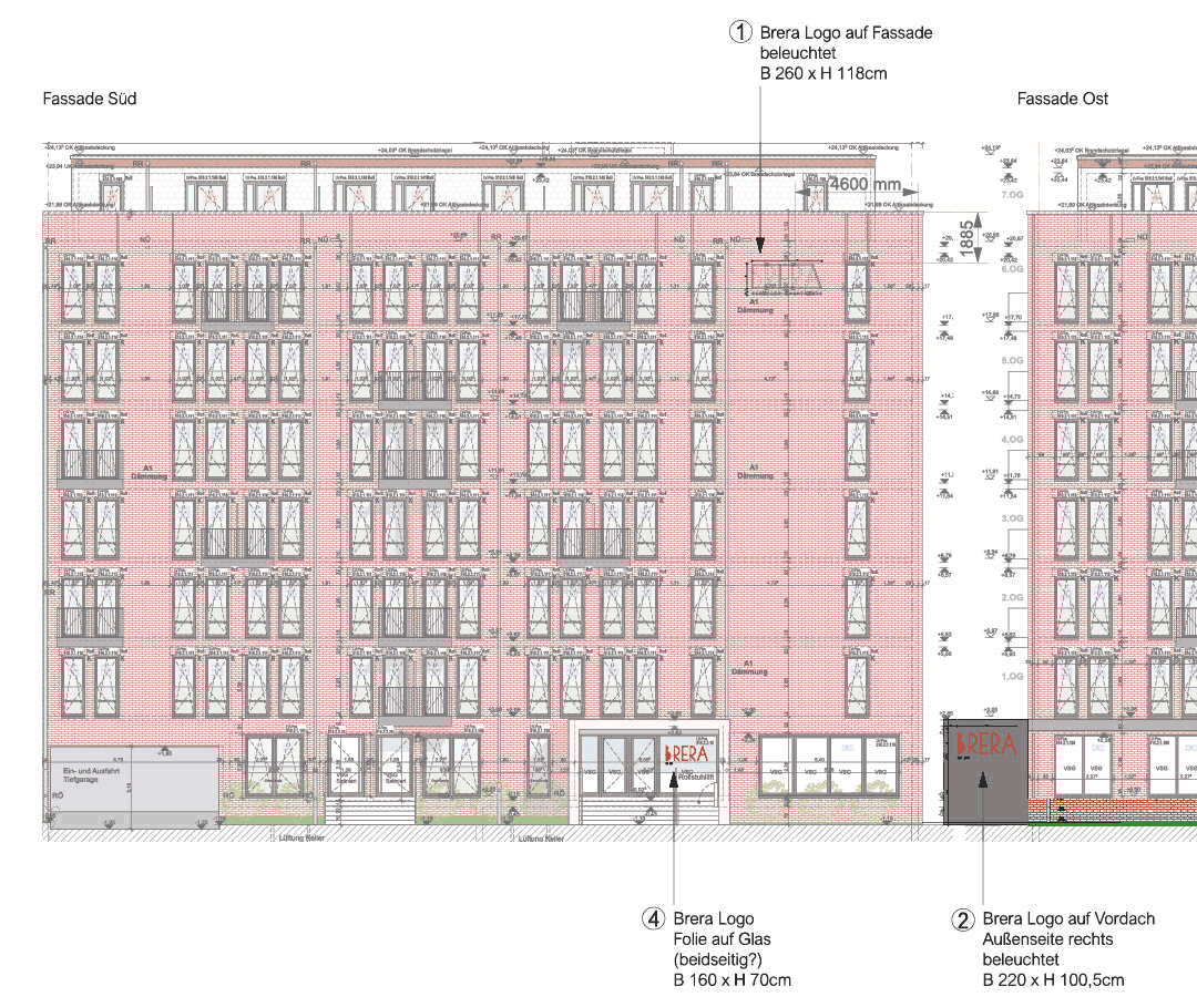 Architektonische Entwurfszeichnung der Fassade eines Brera-Gebäudes mit dem markanten roten Logo.